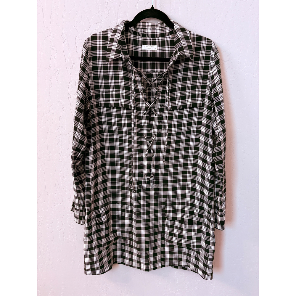 Equipment‎ Femme Knox Plaid Silk Dress Long Sleeve Lace Up Black White Sz S